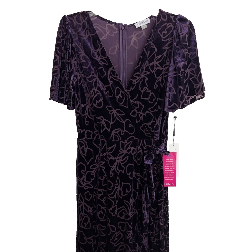 Calvin Klein Wrap Dress Size 10 NWT $159 Purple Velvet Burnout Attd Slip Lining